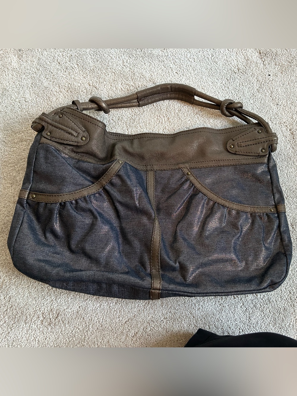 Stuart Weitzman denim and leather trimmed hobo bag